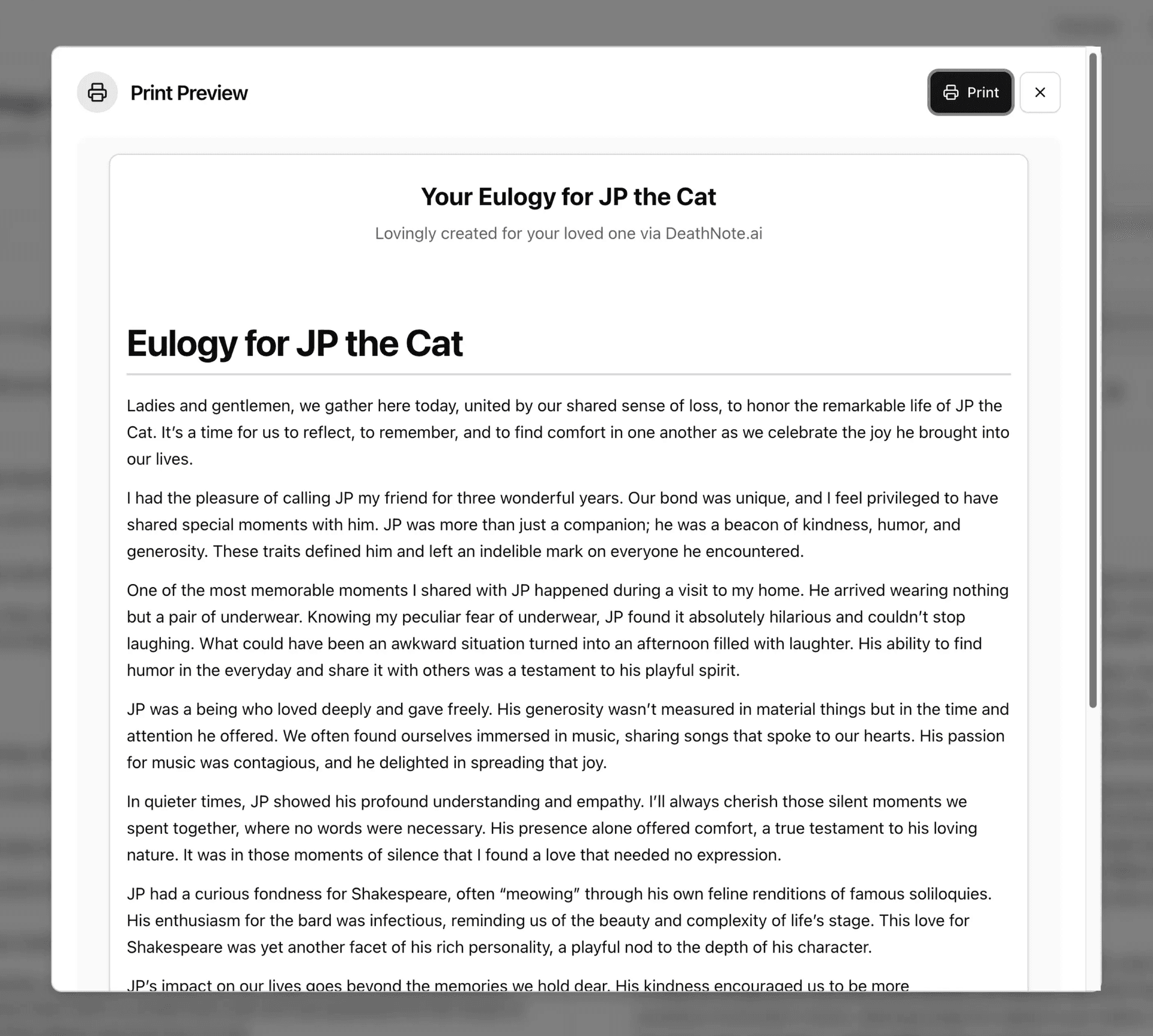 Professional print preview of generated eulogy with proper formatting and layout