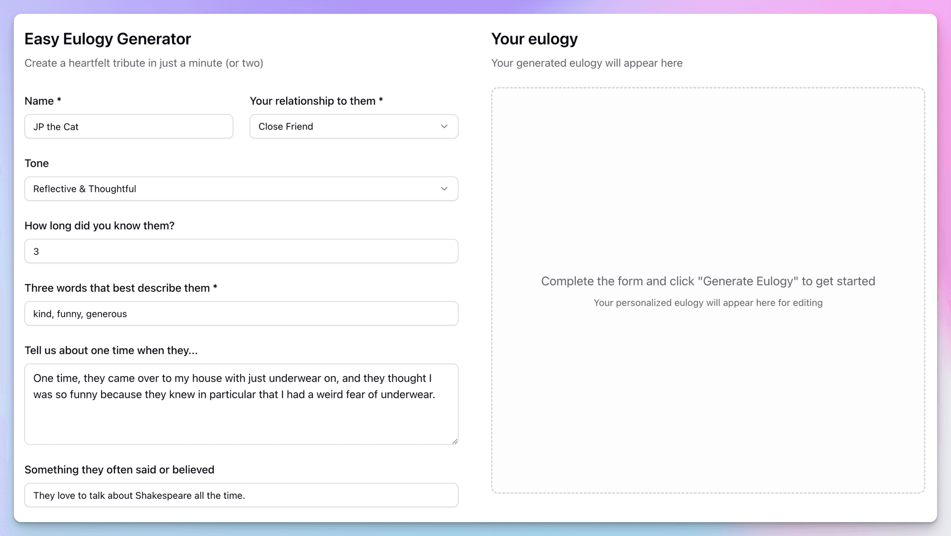 DeathNote Eulogy Builder Interface - Simple 8-question form with live eulogy preview